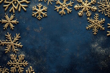 Elegant Midnight Blue Festive Background with Gilded Snowflakes: Perfect for Holiday Cards, Winter Invitations, Seasonal Banners, and Luxury Branding Designs. A sophisticated backdrop featuring       