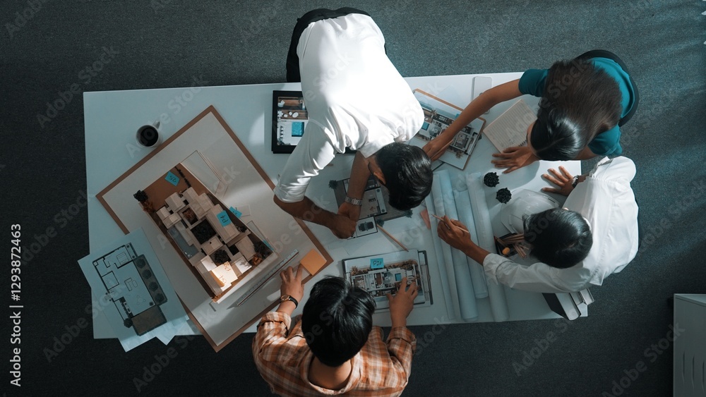 Poster top down view of smart architect engineer measure blueprint by using architectural equipment while g