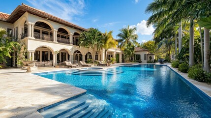 Elegant Tropical Villa with Stunning Pool Surrounded by Lush Palm Trees