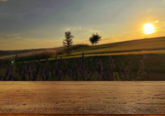 Wooden table top on blur mountain and grass field.Fresh and Relax concept.For montage product display or design key visual layout.View of copy space.