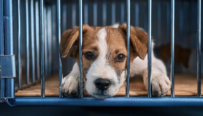 Sad little dog lying down in a cage at an animal shelter, Capturing the melancholy of loneliness and hope for a brighter future