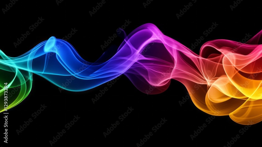 Poster Colorful wisps of smoke swirl and intertwine, creating a mesmerizing tapestry of vibrant hues. The dynamic flow captures the essence of energy and creativity, set against a stark black background