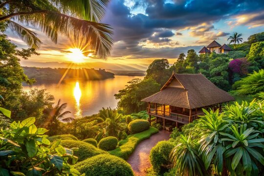 Entebbe Uganda Lodge Landscape Photography: Lush Tropical Garden & Lake Victoria View