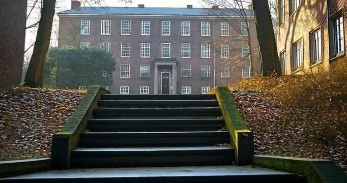 Low angle static shot of stairs leading to a historic brick building on a university campus in autumn.