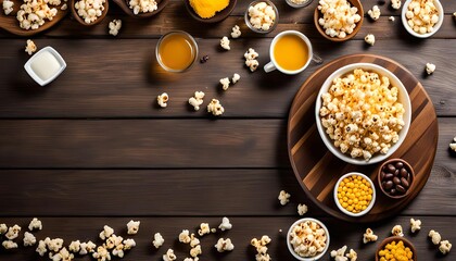 Popcorn and Snacks on a Wooden Table