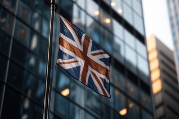 A flag reflected in the glass windows of a modern skyscraper. 