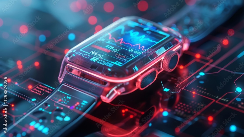 Poster A futuristic smartwatch showcases vibrant health metrics and heart rate data on a glowing digital interface in a dimly lit environment, highlighting advanced technology.