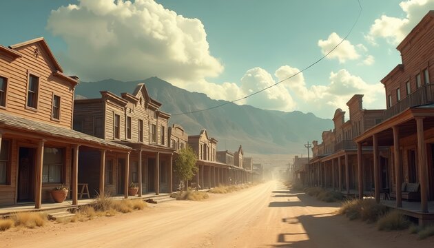 Western ghost town with wooden buildings on dusty street against mountain. Sunny day view evokes Wild West history and heritage, rural, rustic mood. Travel destination concept with atmospheric scene. - Powered by Adobe