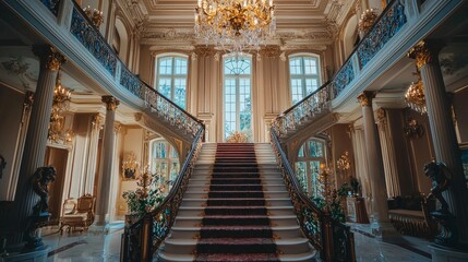 Fototapeta premium Elegant Grand Staircase in Luxurious Palace Interior Design