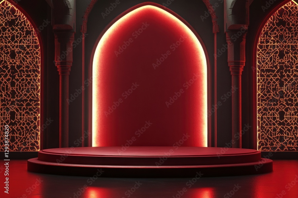 Poster 3d of an empty podium with arabic-inspired architecture on the sides and a red background. the platf