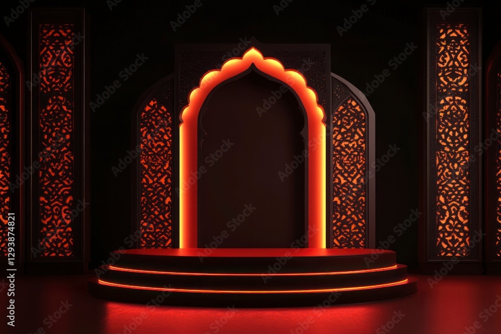 Poster 3d of an empty podium with arabic-inspired architecture on the sides and a red background. the platf