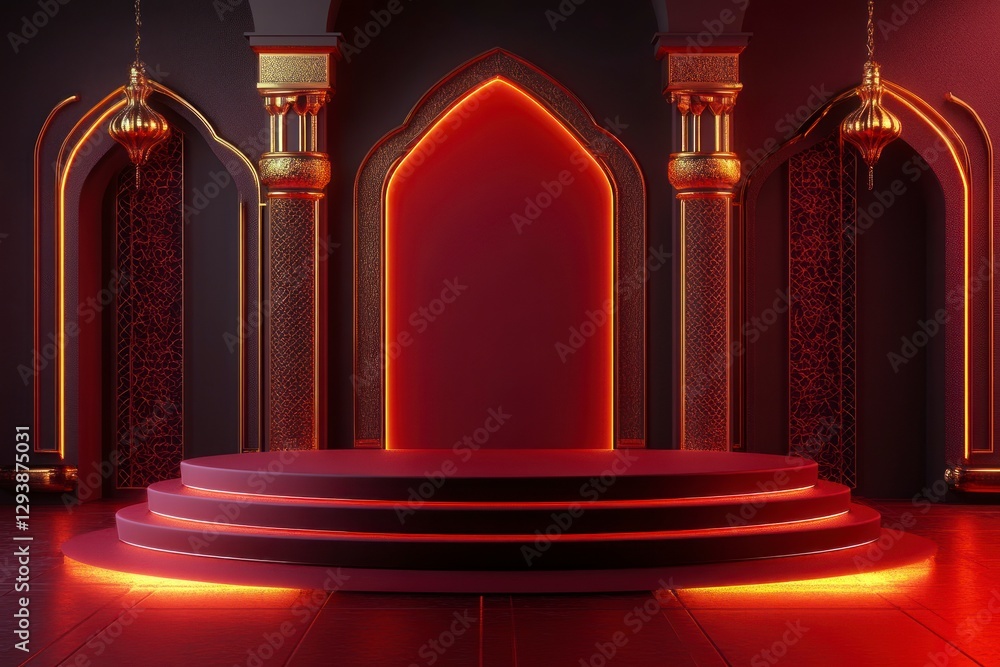 Poster 3d of an empty podium with arabic-inspired architecture on the sides and a red background. the platf