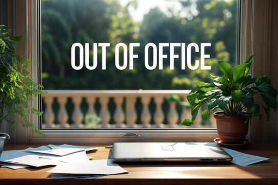 A workspace with a laptop, papers, and potted plants on a desk with word text phrase "OUT OF OFFICE"