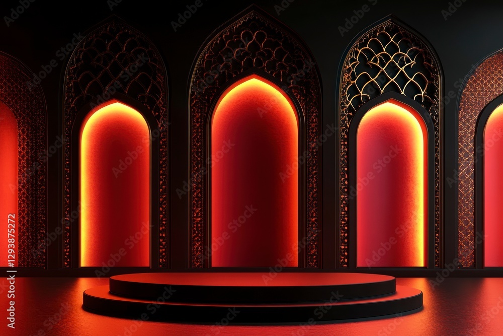 Poster 3d of an empty podium with arabic-inspired architecture on the sides and a red background. the platf