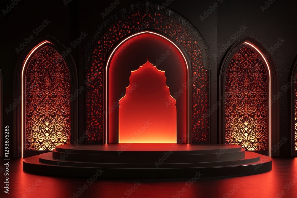 Poster 3d of an empty podium with arabic-inspired architecture on the sides and a red background. the platf