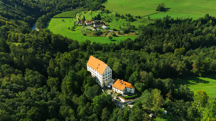 Aerial View of Achberg Castle near Wangen in Allgäu with the Argen River in Summer