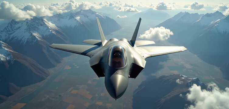Dynamic front view of F-35 fighter jet flying high in sky with clouds above, patchwork fields below, snow mountains on horizon. Modern warfare aviation combat airforce defense technology advanced
