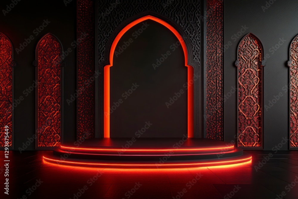 Poster 3d of an empty podium with arabic-inspired architecture on the sides and a red background. the platf