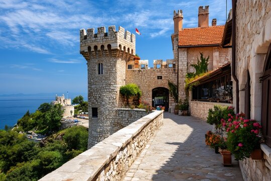 Duino castle overlooking the sistiana bay on sunny summer day