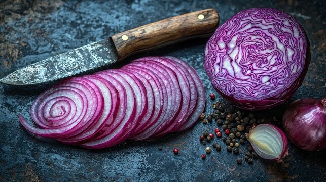 Sliced red onion and red cabbage on rustic board