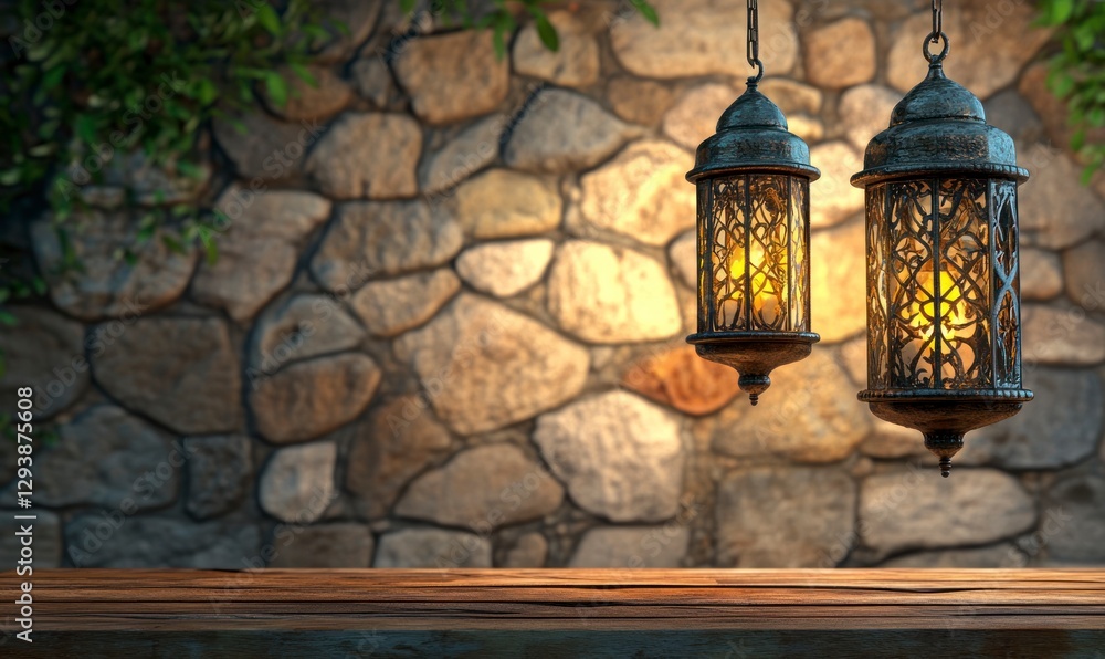 Aufkleber two hanging ramadan lanterns on the right side of an empty rustic table with a stone wall background