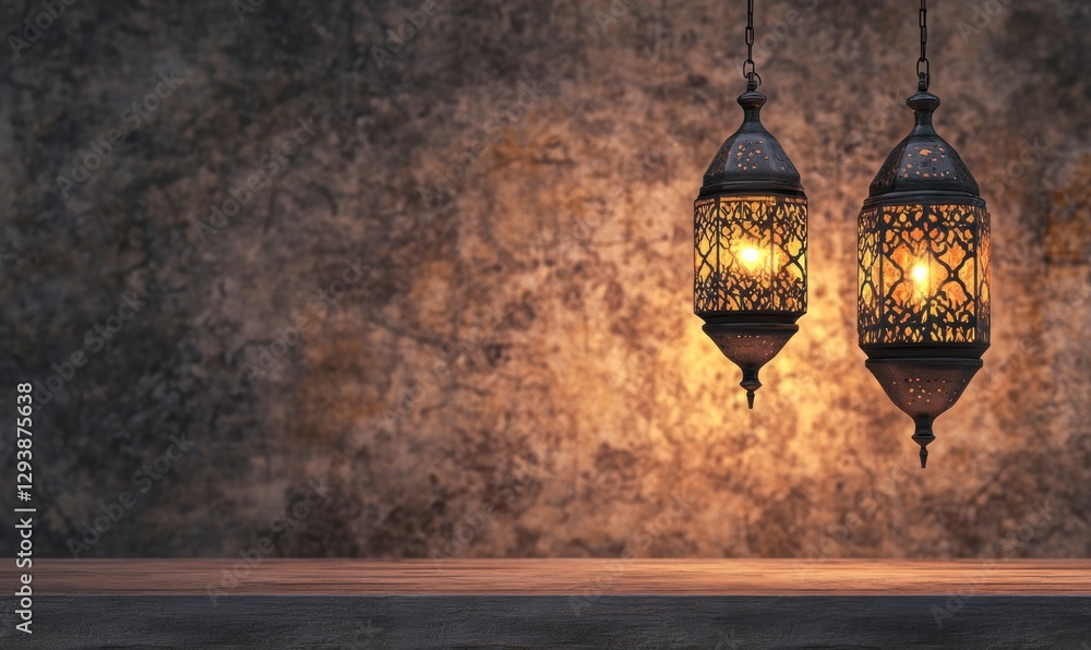 Poster two hanging ramadan lanterns on the right side of an empty rustic table with a stone wall background