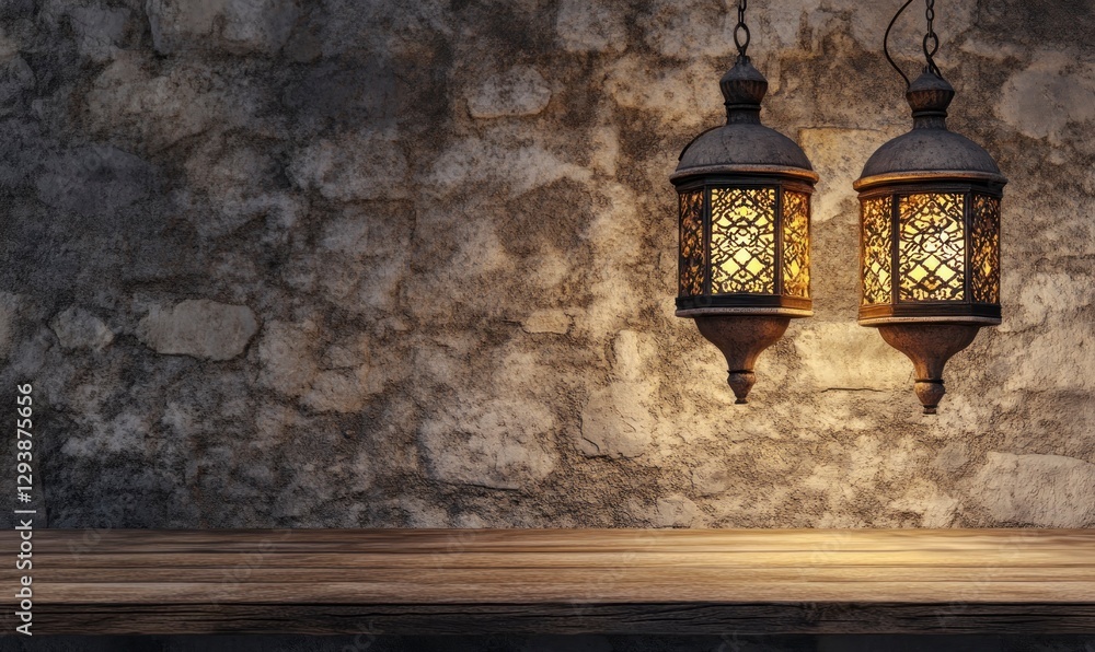Poster two hanging ramadan lanterns on the right side of an empty rustic table with a stone wall background