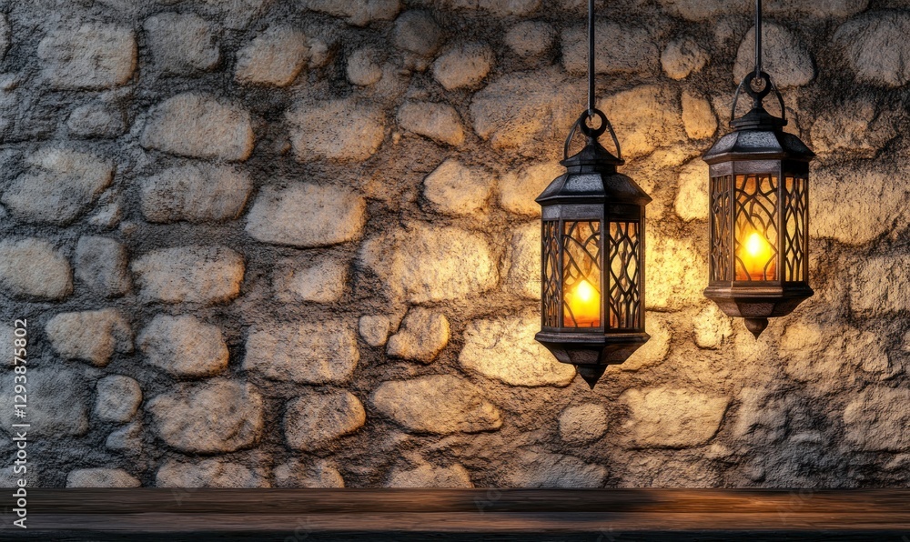 Poster two hanging ramadan lanterns on the right side of an empty rustic table with a stone wall background