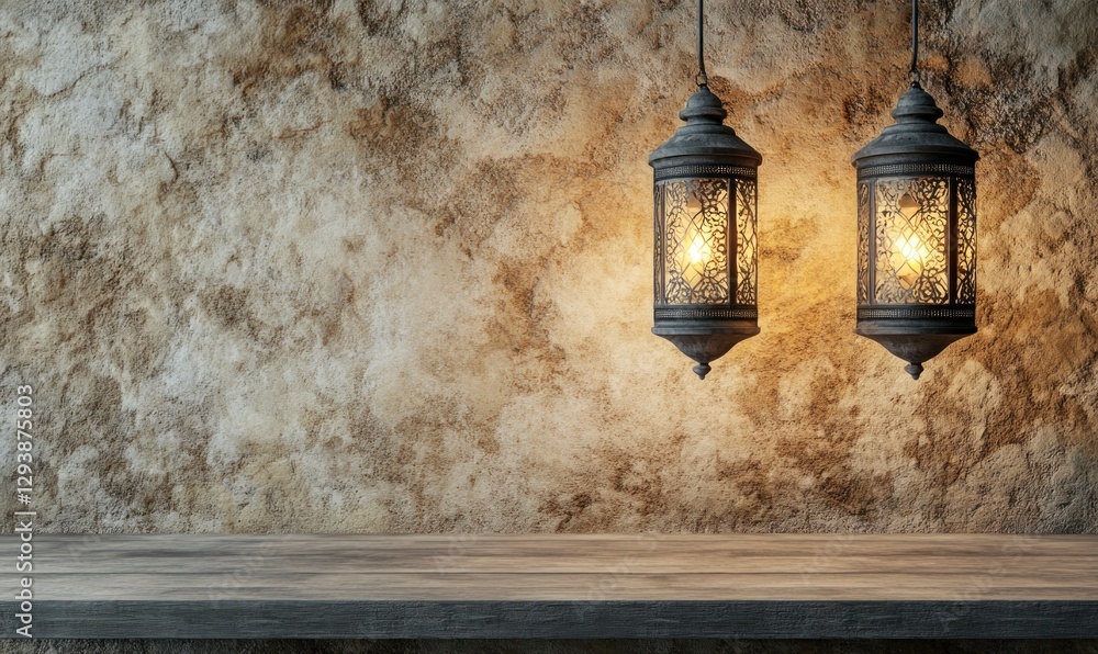 Poster two hanging ramadan lanterns on the right side of an empty rustic table with a stone wall background