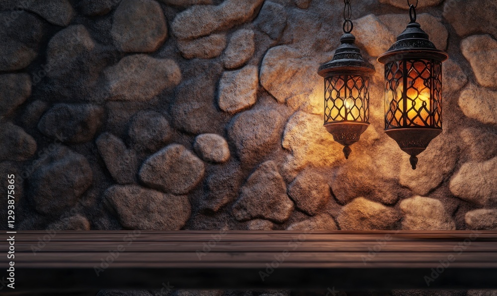 Aufkleber two hanging ramadan lanterns on the right side of an empty rustic table with a stone wall background