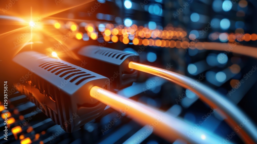 Poster a close-up view of illuminated fiber optic cables connecting to a network device, showcasing technol