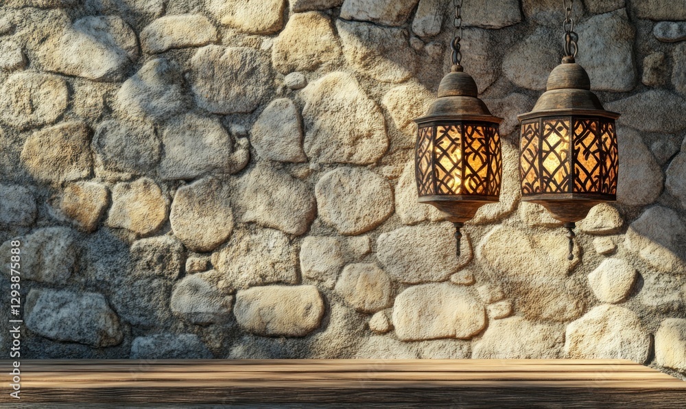 Poster two hanging ramadan lanterns on the right side of an empty rustic table with a stone wall background