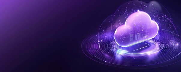 A digital cloud icon surrounded by glowing elements and a vibrant purple background, symbolizing technology and data storage.
