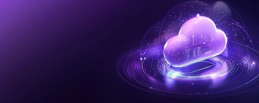 A digital cloud icon surrounded by glowing elements and a vibrant purple background, symbolizing technology and data storage.