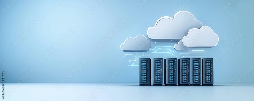 Poster a modern cloud computing illustration featuring servers and cloud icons, representing data storage a