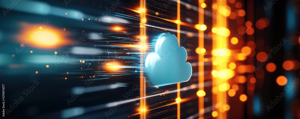 Poster a stylized cloud icon surrounded by dynamic, glowing lines representing data movement and connectivi