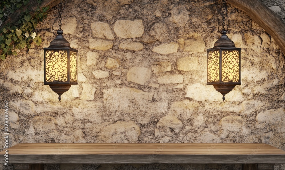 Aufkleber two hanging ramadan lanterns on the right side of an empty rustic table with a stone wall background