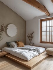 Fototapeta premium A minimalist bedroom with wooden platforms and natural light
