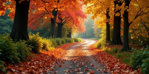 Naklejka premium Rustic pathway strewn with colorful autumn leaves, scenic, season