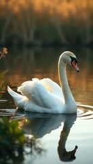 Obraz premium Serene swan glides on tranquil lake, sunlit reeds , animal, photo, white