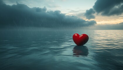 Fototapeta premium A red heart gently floating in the middle of an endless ocean, dark rainclouds forming above, representing grief and loss, intense emotional atmosphere, hyperrealistic, 8K render