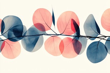 Fototapeta premium A watercolor illustration captures a eucalyptus branch, its delicate leaves rendered with vibrant hues, bathed in the soft glow of the midday sun. 