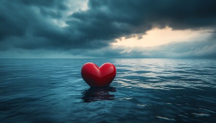 Fototapeta premium A red heart gently floating in the middle of an endless ocean, dark rainclouds forming above, representing grief and loss, intense emotional atmosphere, hyperrealistic, 8K render