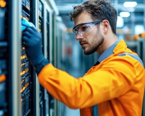 Technician Maintaining Server Racks Cleaning Data Center Equipment Wearing Safety Glasses
