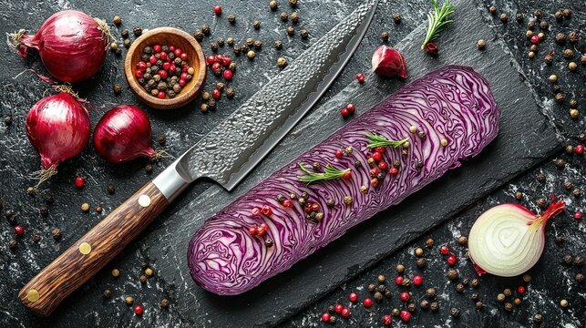 Sliced red cabbage, onions, knife, and spices on slate board