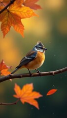 Single bird perched on branch amidst falling autumn leaves , colorful, fall