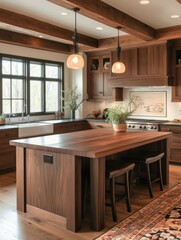 A modern kitchen showcasing a beautiful wood countertop island and cabinets