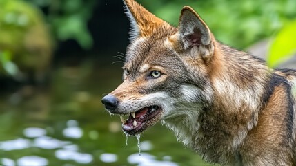 Fototapeta premium Aggressive rabid dog snarling with frothy saliva, intense eyes, and raised fur, isolated on a blurred background. Concept of danger, wild animal behavior, and rabies awareness 
