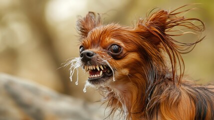 Naklejka premium Aggressive rabid dog snarling with frothy saliva, intense eyes, and raised fur, isolated on a blurred background. Concept of danger, wild animal behavior, and rabies awareness 