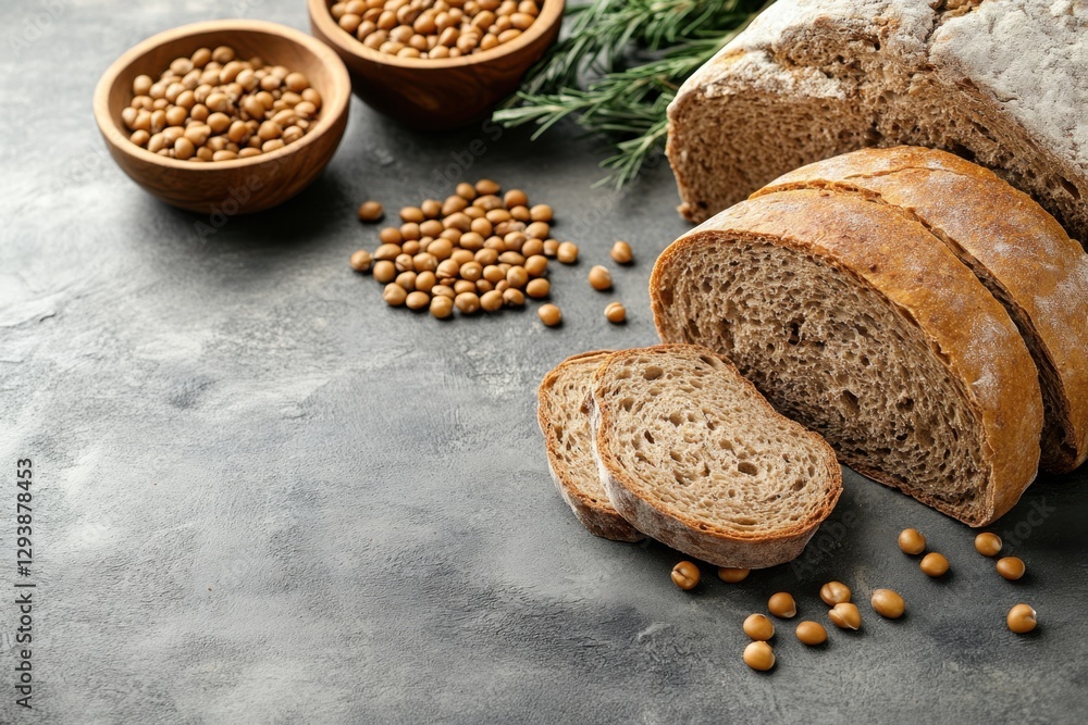 Aufkleber rustic sliced bread with chickpeas and rosemary on a textured gray surface capturing a warm and invi